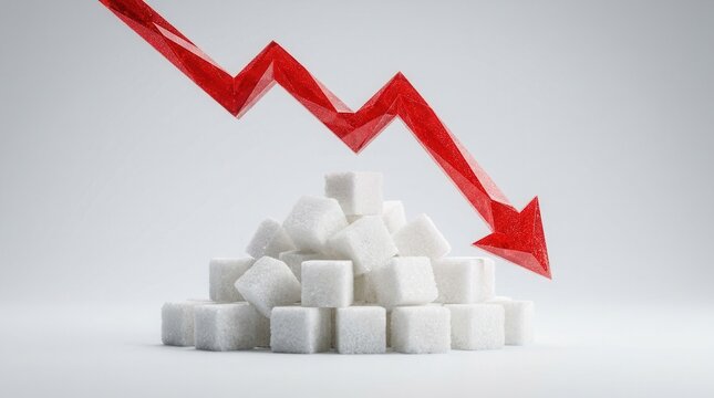 A red downward arrow indicates a decline in sugar consumption alongside white sugar cubes.