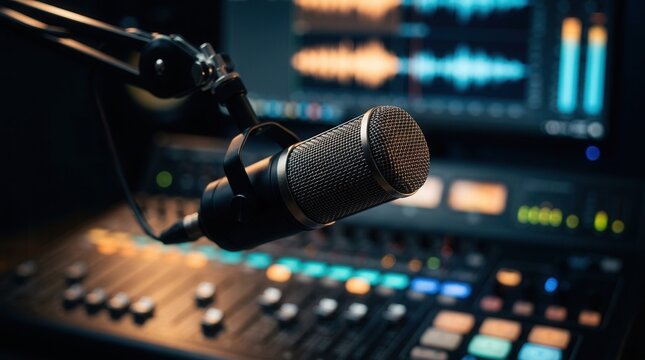 Professional microphone in a modern radio studio during a live broadcast.