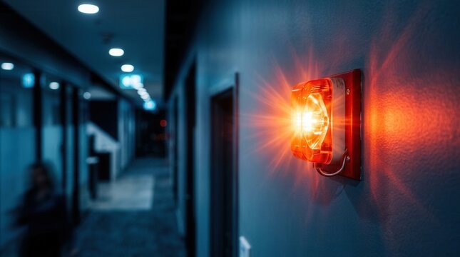 An urgent red fire alarm strobe light flashing on a commercial building wall.
