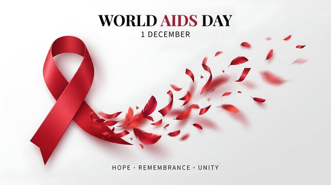World aids day awareness ribbon with a vibrant splash effect and accompanying text on a clean white background symbolizing hope and global solidarity for