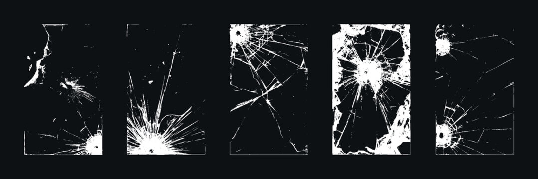 Vertical shattered glass panels displaying different white impact fractures, sharp cracks broken window edges against dark backdrop, creating versatile collection realistic damage destruction overlays