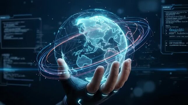 Digital hologram of earth rotating in robotic hand