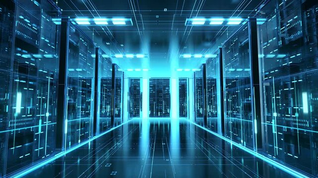 Futuristic data center server room with glowing blue digital technology infrastructure