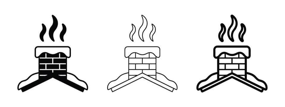Winter chimney on snowy roof with smoke in flat design vector illustration