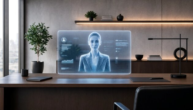 Futuristic transparent holographic screen displaying a digital virtual assistant in an office