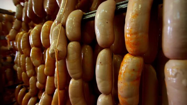 Sausage rows hanging metal rack meat factory. Closeup fresh links production.