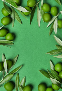 Green olives and olive branches arranged on green background