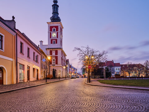 Town hall tower and Masaryk Square with Christmas lights Slany