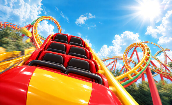 Colorful Roller Coaster Ride at Sunset in Fantasy Amusement Park with Loop Track and Green Hills, 3D Illustration