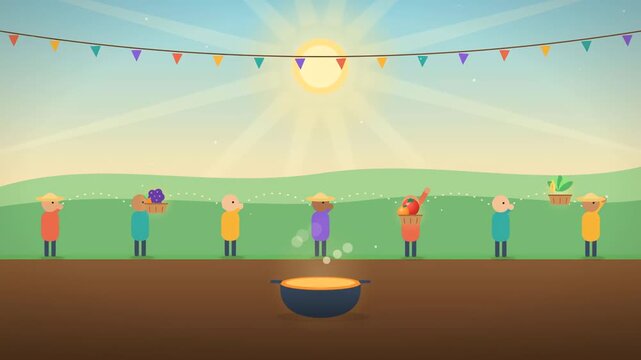 Seamless looping animation of villagers passing fresh produce baskets symbolizing community collaboration and sustainable food sharing