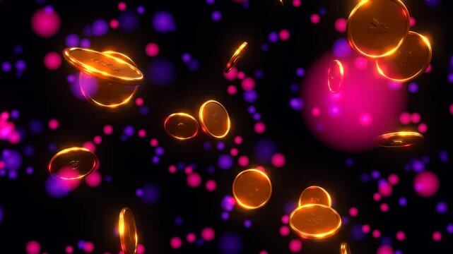 Eight gold forex currency symbols float and rotate through a glowing purple and pink galaxy with soft particles, cinematic lighting, and smooth drifting motion.