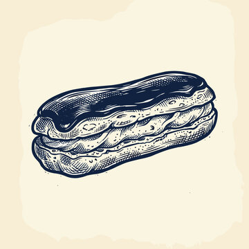 Food handdrawn chocolate eclair pastry in vintage engraving style