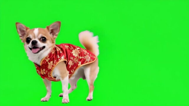 Cute Chihuahua dog wearing a traditional red Chinese New Year outfit with gold floral embroidery, sitting and looking at camera on bright green screen background