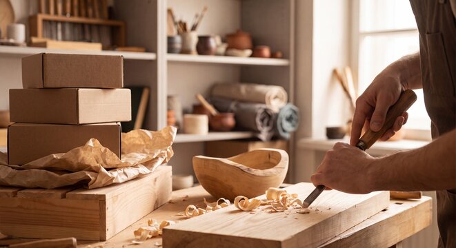 A skilled woodcarver meticulously shapes a wooden block with a chisel and mallet in a sunlit workshop, surrounded by tools, wood shavings, and shelves of handmade wooden bowls and boxes