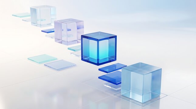 Progression of glass blocks and digital platforms illustrating step by step data processing and modular IT development life cycles in a high tech virtual environment