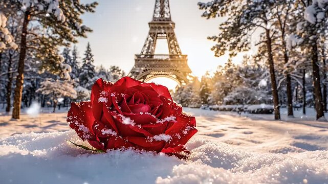 Romantic Winter Scene of the Eiffel Tower Framed by Snowy Trees with a Red Rose on Snow