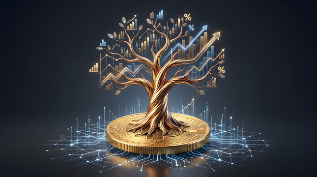 Golden Coin Growing Into a Radiant Tree of Digital Wealth