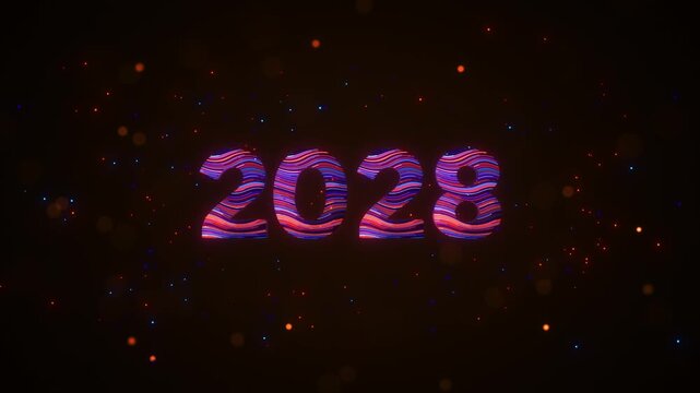 Futuristic 3D 2028 numerals rotate amid colorful flowing stripes and glowing particles, combining blue, orange, red, and purple light against a dark digital background.