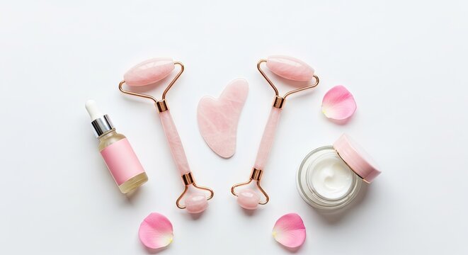A pink jade roller, a rose quartz roller, a rose quartz stone, a serum bottle, a moisturizer jar, and rose petals are arranged on a white surface.