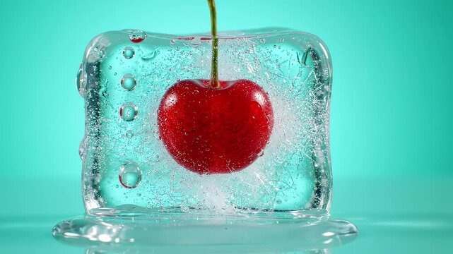 Red cherry melting inside a clear ice cube with water pouring over it in close-up view captures the vibrant fruit encased in frozen water as a fresh stream flows over the surface against a blue.