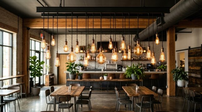 A restaurant interior features a long, dark bar with several tables and chairs. A large, industrial-style light fixture hangs from the ceiling, displaying numerous vintage Edison-style bulbs.