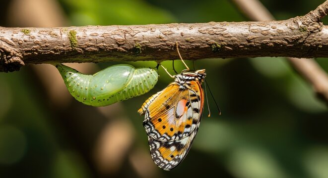A vibrant butterfly emerges from its chrysalis on a tree branch. The butterfly, with orange and black wings, is fully formed, while the chrysalis remains green and partially intact.