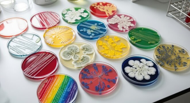 A scientist arranges petri dishes filled with colorful bacterial colonies on a white surface. The petri dishes display various bacterial species, each forming distinct patterns and colors.