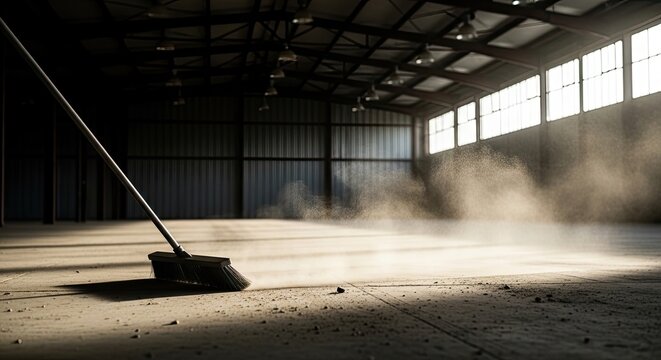 A lone broom sweeps dust across a vast, empty concrete floor in a large, industrial warehouse.
