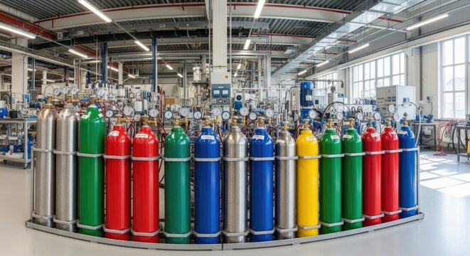 A large industrial laboratory displays a row of numerous gas cylinders in various colors. The cylinders are arranged in a semi-circle, showcasing a diverse collection of industrial gases.