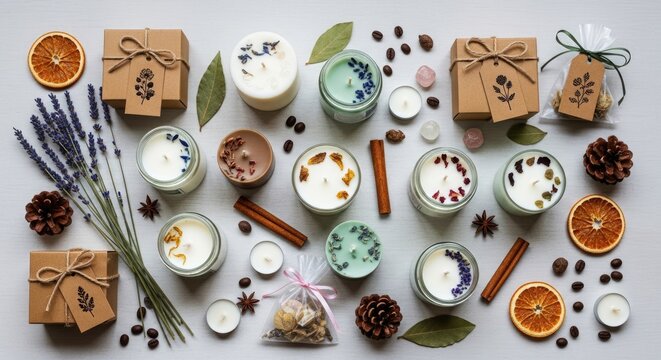 A flat lay arrangement showcases a collection of handcrafted candles surrounded by natural elements.