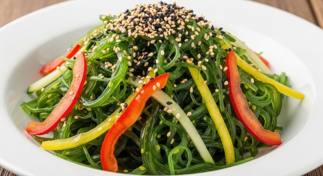A white plate holds a vibrant seaweed salad. The salad features strands of green seaweed, sliced green onions, yellow bell peppers, and red bell peppers.