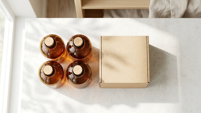 High-angle view of four amber glass apothecary bottles with cork stoppers and a blank cardboard delivery box on a white marble surface with aesthetic soft leaf shadows for product packaging.