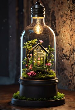 3D glass jar lamp object with tiny cozy house and warm lights inside generative AI