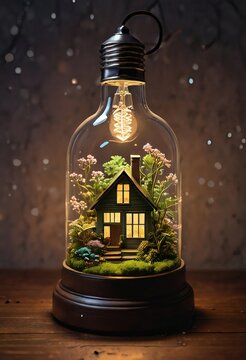 3D glass jar lamp object with tiny cozy house and warm lights inside generative AI