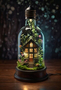 3D glass jar lamp object with tiny cozy house and warm lights inside generative AI
