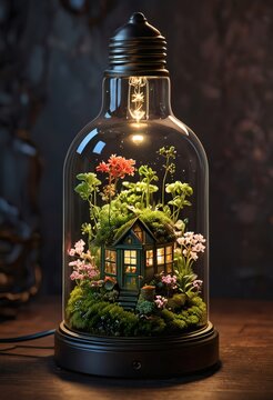 3D glass jar lamp object with tiny cozy house and warm lights inside generative AI