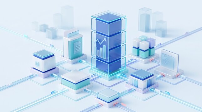 Central server unit surrounded by interconnected data nodes and digital pathways illustrating big data processing and centralized network architecture for business technology