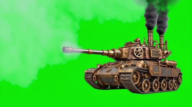 Steampunk fantasy battle tank firing a powerful cannon with bright yellow and orange muzzle flash, vintage bronze armored vehicle with mechanical gears on green screen background