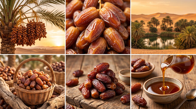 Fresh ripe date palm fruits hanging on branches with sweet syrup and desert oasis landscape