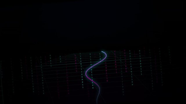 Abstract data pathway flowing through digital binary grid with shifting colorful code in dark cyber network conceptual background.