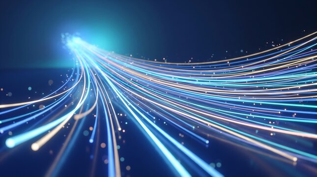Abstract light trails flowing into a central point representing high speed data aggregation and cloud integration in futuristic communication and information systems technology