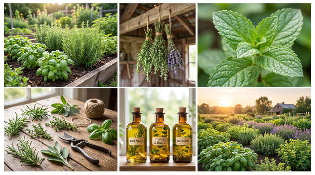 Fresh green herbs growing in garden beds and hanging bundles inside rustic wooden shed