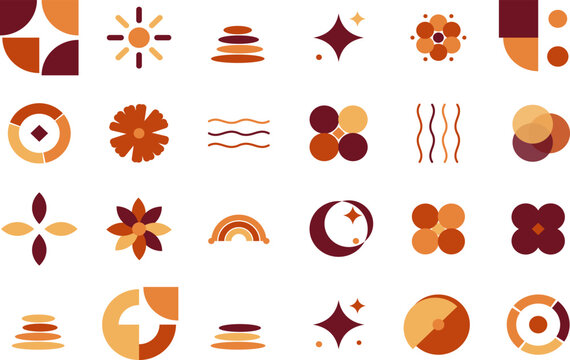 Minimalist vector icon set, abstract geometric shapes and symbols in warm terracotta, orange, and maroon colors for modern branding and graphic design projects