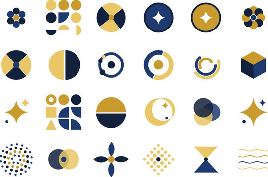 Geometric vector shapes set, modern minimalist blue and gold abstract symbols, contemporary graphic design elements for branding projects