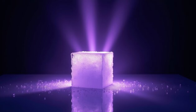 Mysterious purple cube emitting light rays on dark reflective surface