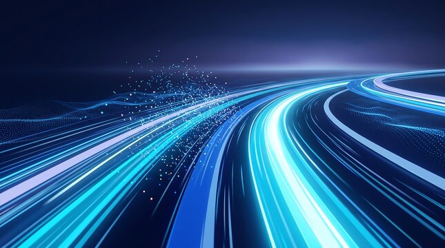 Dynamic blue light speed data streams flowing through abstract digital network representing high speed fiber optic communication and global internet connectivity in virtual cyberspace