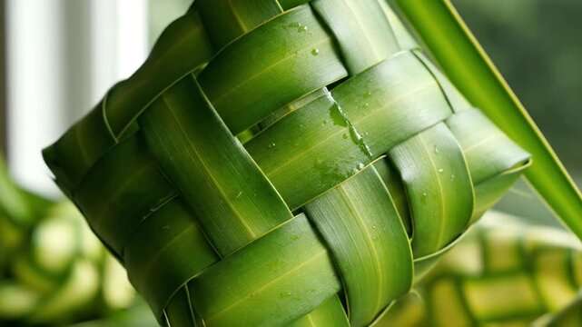 Traditional ketupat dumpling made from woven coconut palm leaves for Eid celebration.