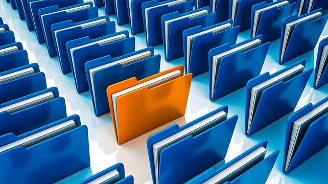 Blue filing folders with a contrasting orange folder representing document management and organized business records