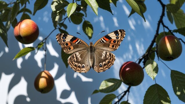 Butterfly with patterned wings among fruit tree branches