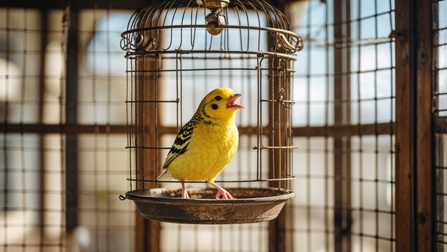 Yellow songbird with an open beak in a vintage metal cage